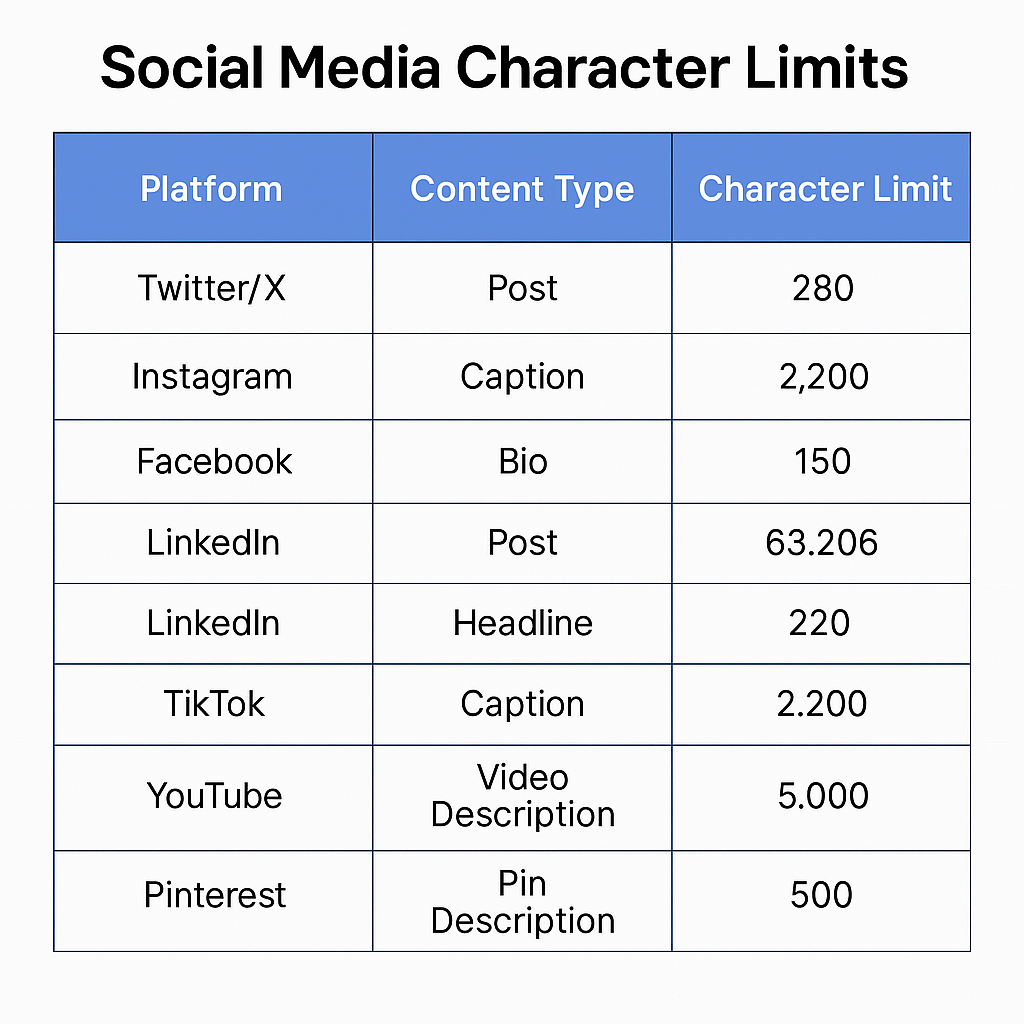 social media character limits