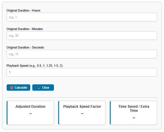 Playback Speed Calculator tool interface with duration and speed inputs